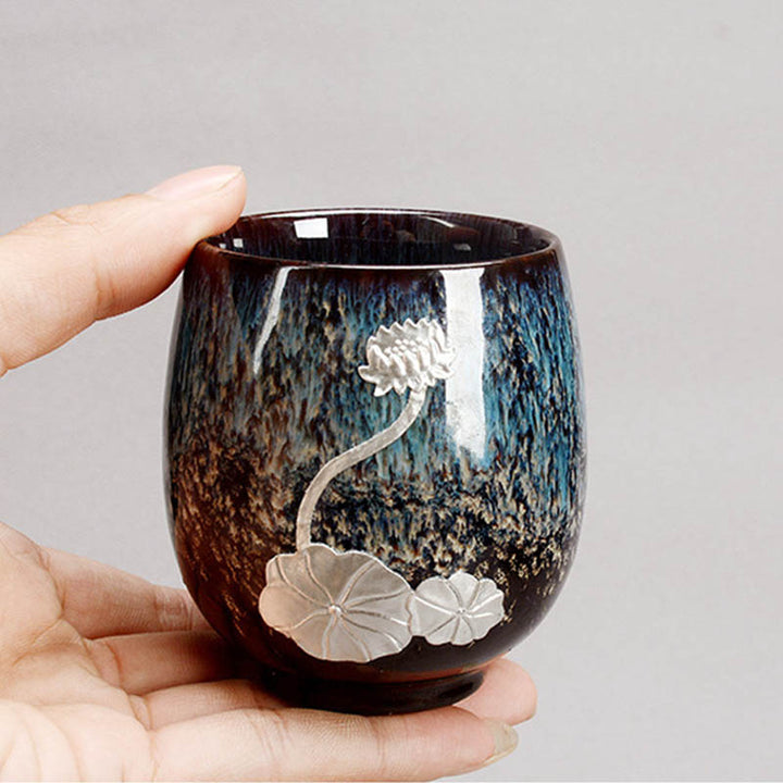 Buddha Stones銀蓮の花の葉 中国 Jianzhan 陶器 ティーカップ カンフー ティーカップ 150ml