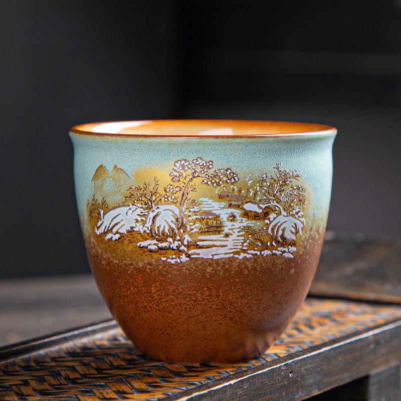 Buddha Stones、カラフルな鹿、琵琶、雪、梅、山、川、鳥、陶器のティーカップ、カンフーティーカップボウル