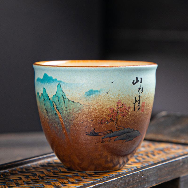 Buddha Stones、カラフルな鹿、琵琶、雪、梅、山、川、鳥、陶器のティーカップ、カンフーティーカップボウル