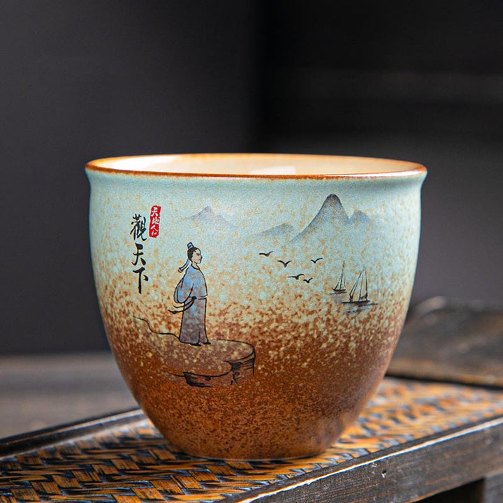 Buddha Stones、カラフルな鹿、琵琶、雪、梅、山、川、鳥、陶器のティーカップ、カンフーティーカップボウル