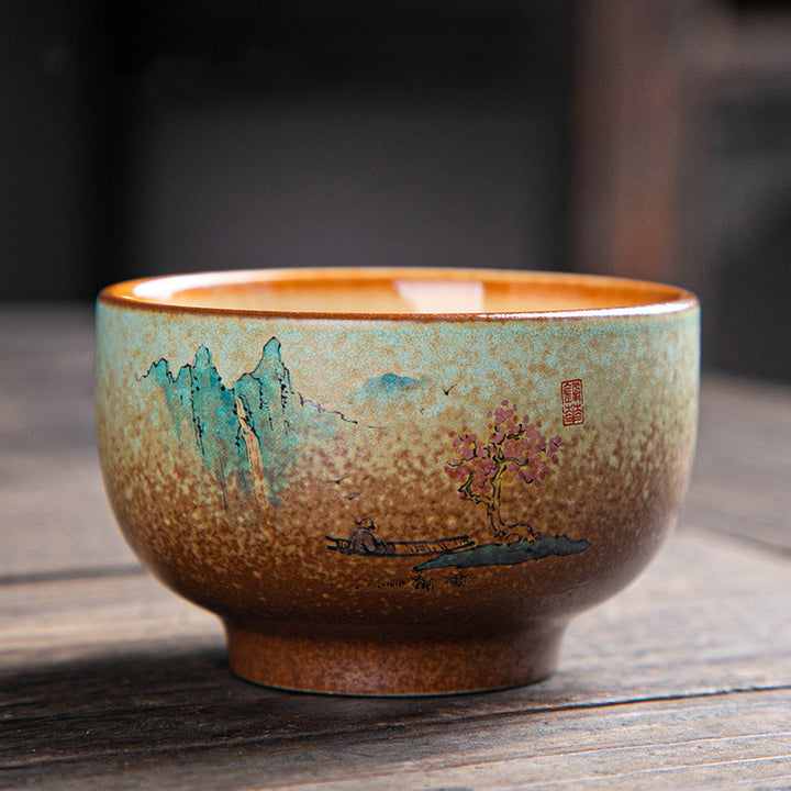 Buddha Stones、カラフルな鹿、琵琶、雪、梅、山、川、鳥、陶器のティーカップ、カンフーティーカップボウル