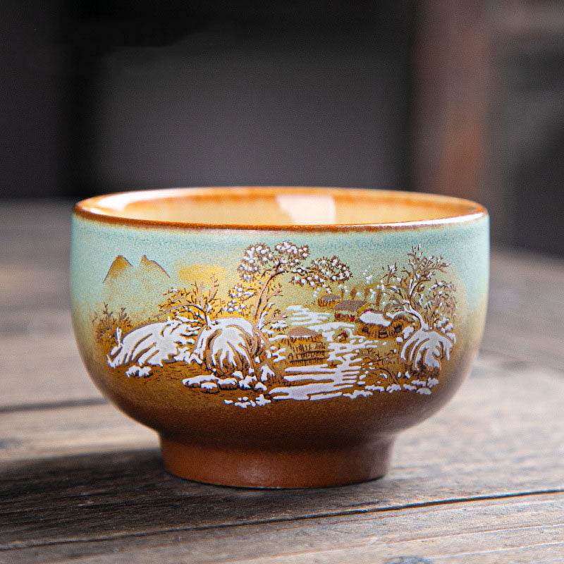 Buddha Stones、カラフルな鹿、琵琶、雪、梅、山、川、鳥、陶器のティーカップ、カンフーティーカップボウル