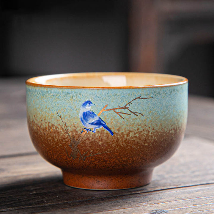 Buddha Stones、カラフルな鹿、琵琶、雪、梅、山、川、鳥、陶器のティーカップ、カンフーティーカップボウル