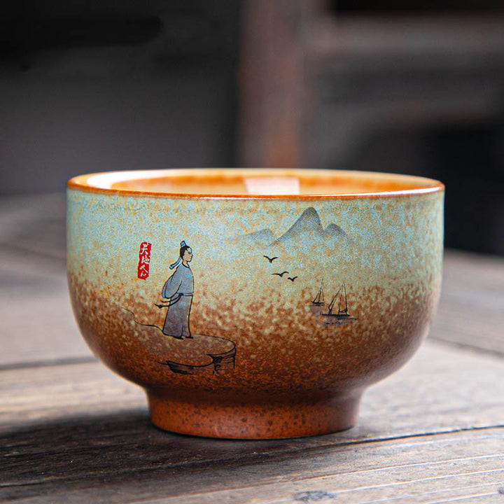 Buddha Stones、カラフルな鹿、琵琶、雪、梅、山、川、鳥、陶器のティーカップ、カンフーティーカップボウル