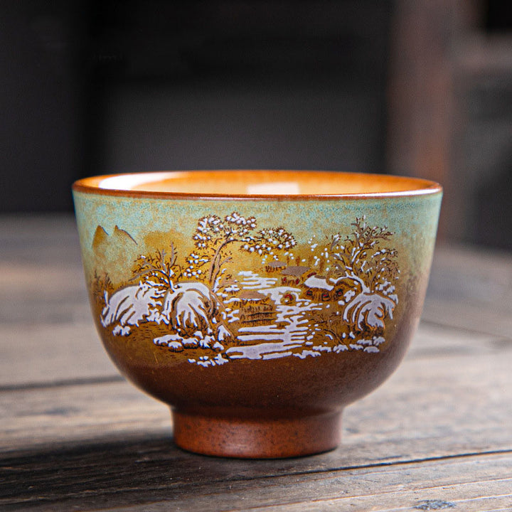 Buddha Stones、カラフルな鹿、琵琶、雪、梅、山、川、鳥、陶器のティーカップ、カンフーティーカップボウル