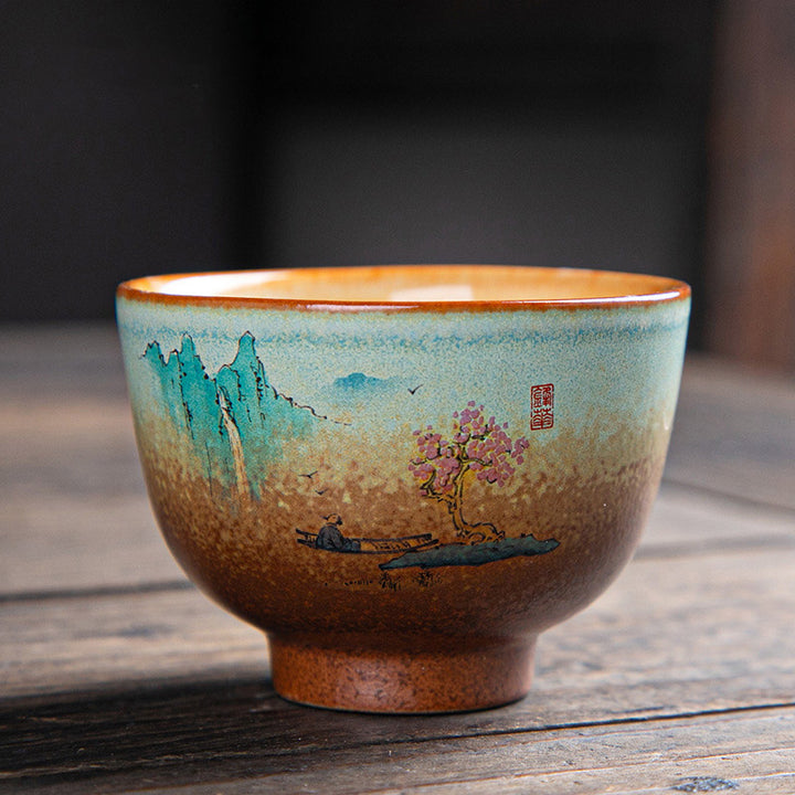 Buddha Stones、カラフルな鹿、琵琶、雪、梅、山、川、鳥、陶器のティーカップ、カンフーティーカップボウル