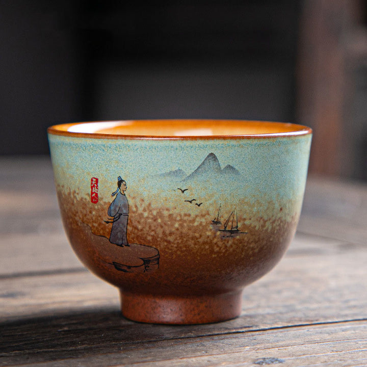 Buddha Stones、カラフルな鹿、琵琶、雪、梅、山、川、鳥、陶器のティーカップ、カンフーティーカップボウル