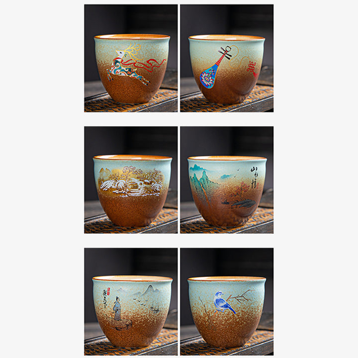 Buddha Stones、カラフルな鹿、琵琶、雪、梅、山、川、鳥、陶器のティーカップ、カンフーティーカップボウル