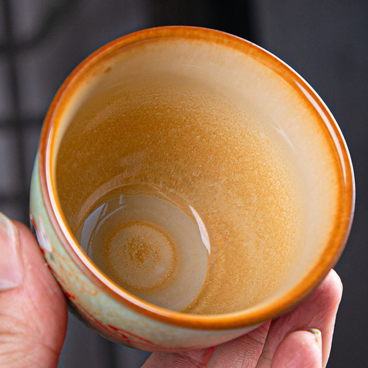 Buddha Stones、カラフルな鹿、琵琶、雪、梅、山、川、鳥、陶器のティーカップ、カンフーティーカップボウル