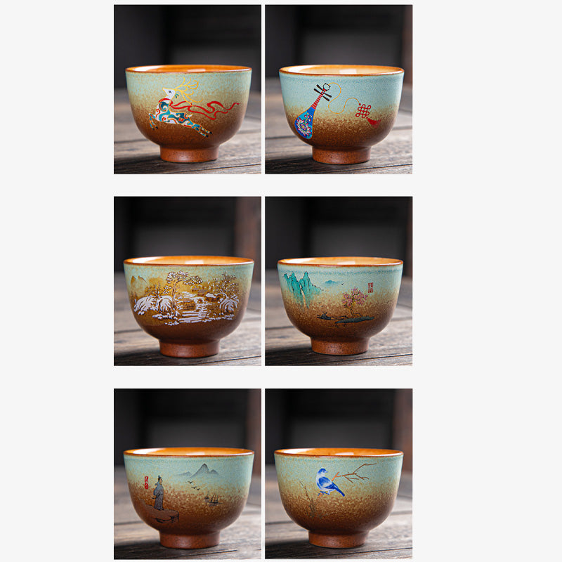 Buddha Stones、カラフルな鹿、琵琶、雪、梅、山、川、鳥、陶器のティーカップ、カンフーティーカップボウル