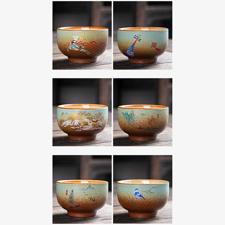 Buddha Stones、カラフルな鹿、琵琶、雪、梅、山、川、鳥、陶器のティーカップ、カンフーティーカップボウル