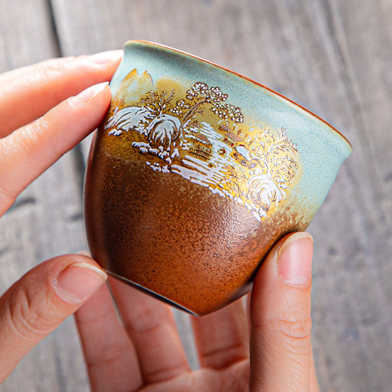 Buddha Stones、カラフルな鹿、琵琶、雪、梅、山、川、鳥、陶器のティーカップ、カンフーティーカップボウル