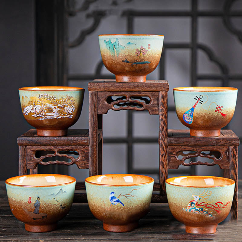 Buddha Stones、カラフルな鹿、琵琶、雪、梅、山、川、鳥、陶器のティーカップ、カンフーティーカップボウル