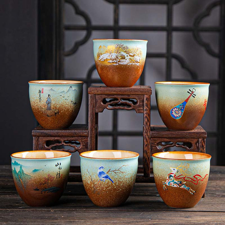 Buddha Stones、カラフルな鹿、琵琶、雪、梅、山、川、鳥、陶器のティーカップ、カンフーティーカップボウル