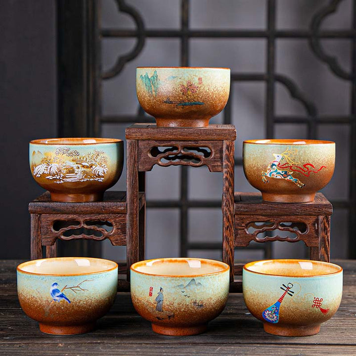 Buddha Stones、カラフルな鹿、琵琶、雪、梅、山、川、鳥、陶器のティーカップ、カンフーティーカップボウル