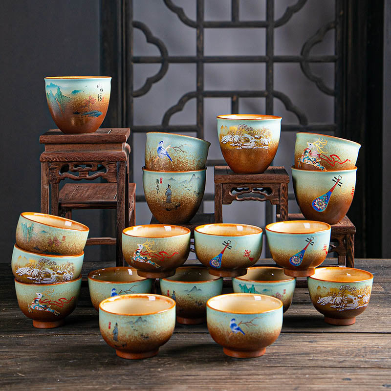 Buddha Stones、カラフルな鹿、琵琶、雪、梅、山、川、鳥、陶器のティーカップ、カンフーティーカップボウル