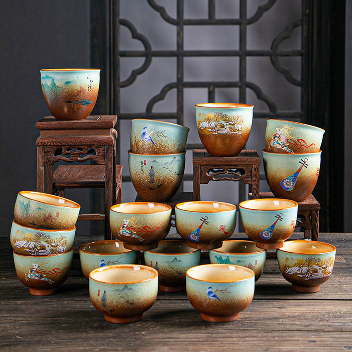 Buddha Stones、カラフルな鹿、琵琶、雪、梅、山、川、鳥、陶器のティーカップ、カンフーティーカップボウル
