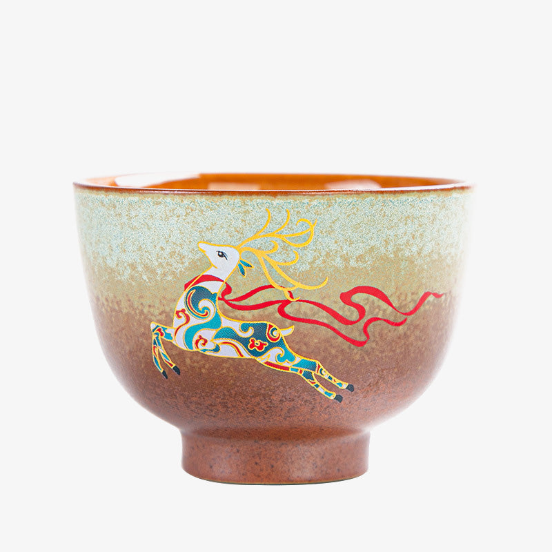 Buddha Stones、カラフルな鹿、琵琶、雪、梅、山、川、鳥、陶器のティーカップ、カンフーティーカップボウル