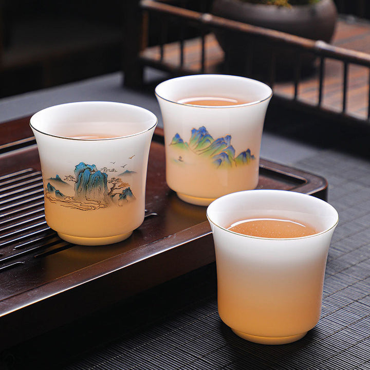 Buddha Stones、山、川、木、陶器のティーカップ、カンフーティーカップ 120ml
