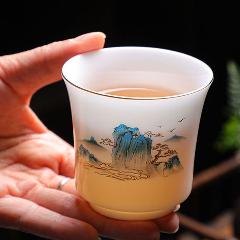 Buddha Stones、山、川、木、陶器のティーカップ、カンフーティーカップ 120ml