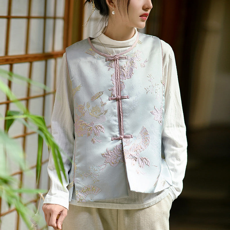 Buddha Stones、鶴、花、草の刺繍の服、中国のベスト、女性の服
