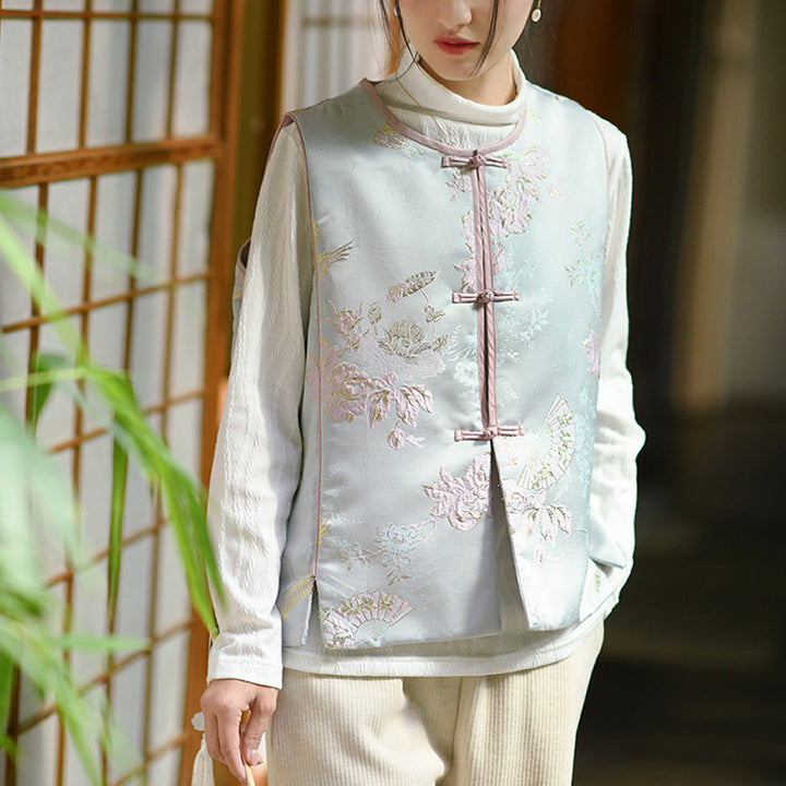Buddha Stones、鶴、花、草の刺繍の服、中国のベスト、女性の服