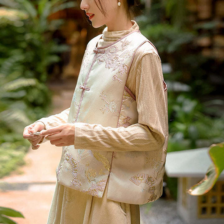 Buddha Stones、鶴、花、草の刺繍の服、中国のベスト、女性の服