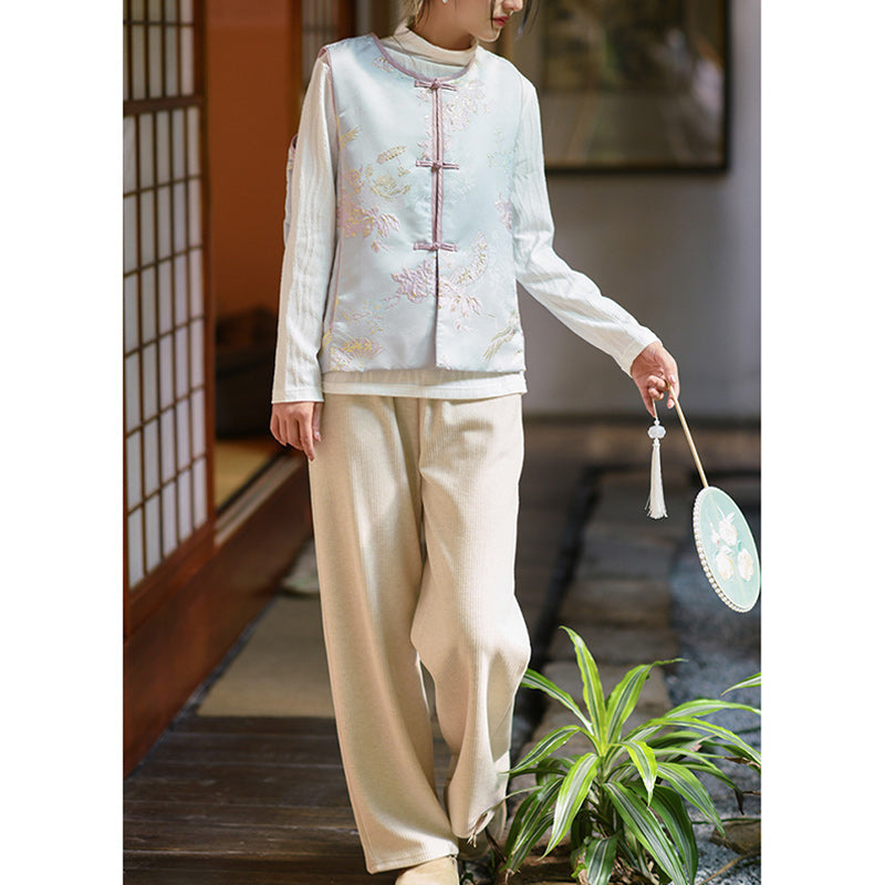 Buddha Stones、鶴、花、草の刺繍の服、中国のベスト、女性の服