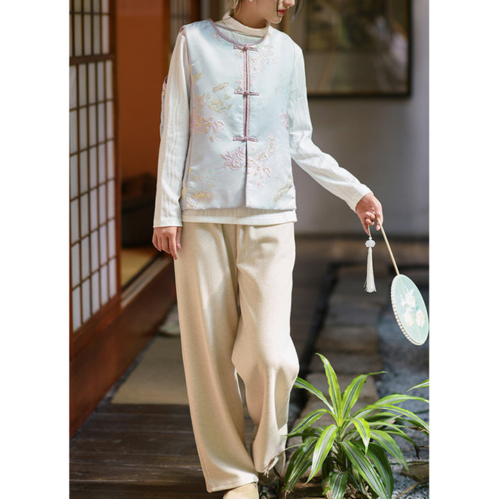 Buddha Stones、鶴、花、草の刺繍の服、中国のベスト、女性の服