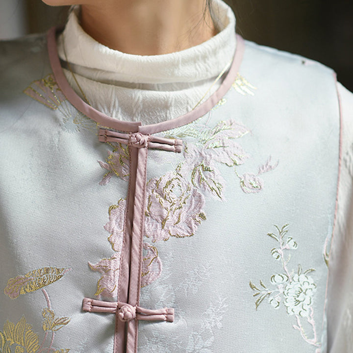 Buddha Stones、鶴、花、草の刺繍の服、中国のベスト、女性の服