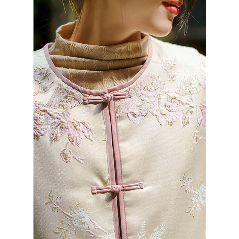 Buddha Stones、鶴、花、草の刺繍の服、中国のベスト、女性の服