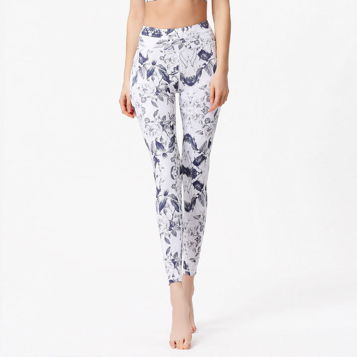 Buddha Stonesの花と葉のプリントパンツ スポーツフィットネス ヨガレギンス レディース ヨガパンツ - ホワイトブルー - US8-10、 UK/AU12-14、 EU40-42 (XL) - image 5