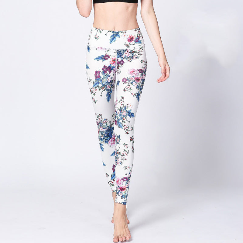 Buddha Stonesピンク 花 ホワイト カラフル インク ホワイト プリント レギンス スポーツ フィットネス ヨガ レディース パンツ - image 1