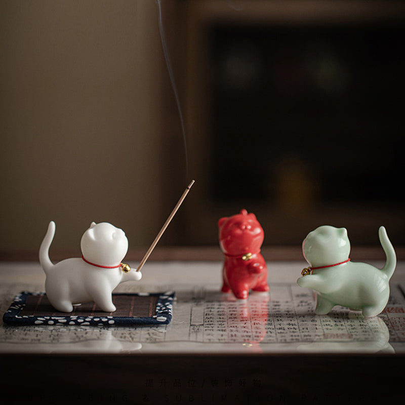 Buddha Stonesミニ招き猫子猫ティーペット陶器ホームデスク置物装飾竹マット付き - image 1