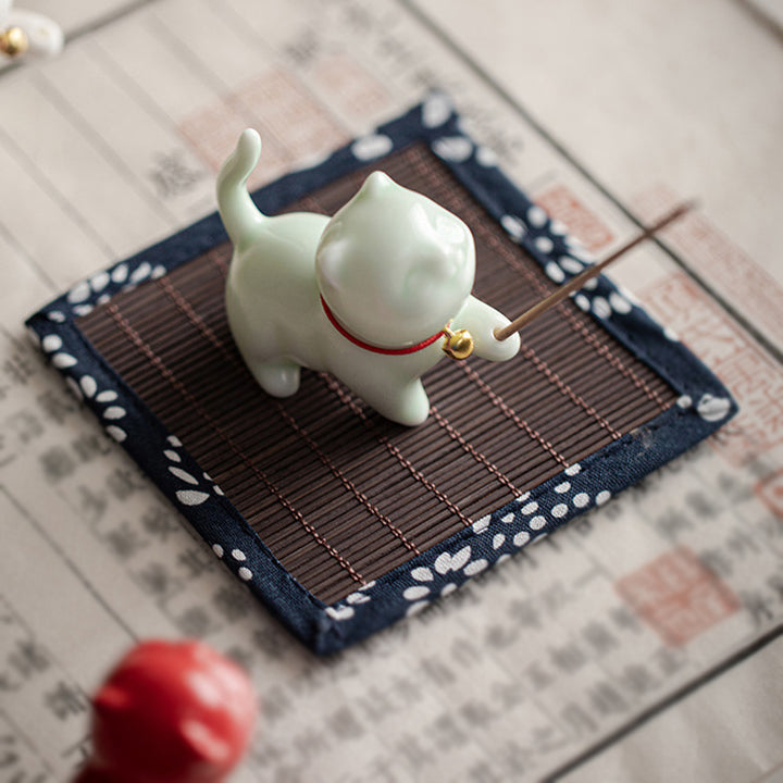 Buddha Stonesミニ招き猫子猫ティーペット陶器ホームデスク置物装飾竹マット付き - image 15
