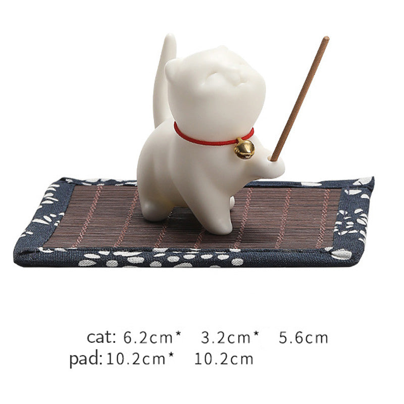 Buddha Stonesミニ招き猫子猫ティーペット陶器ホームデスク置物装飾竹マット付き - image 9
