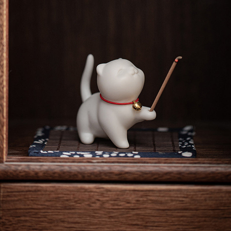 Buddha Stonesミニ招き猫子猫ティーペット陶器ホームデスク置物装飾竹マット付き - image 5