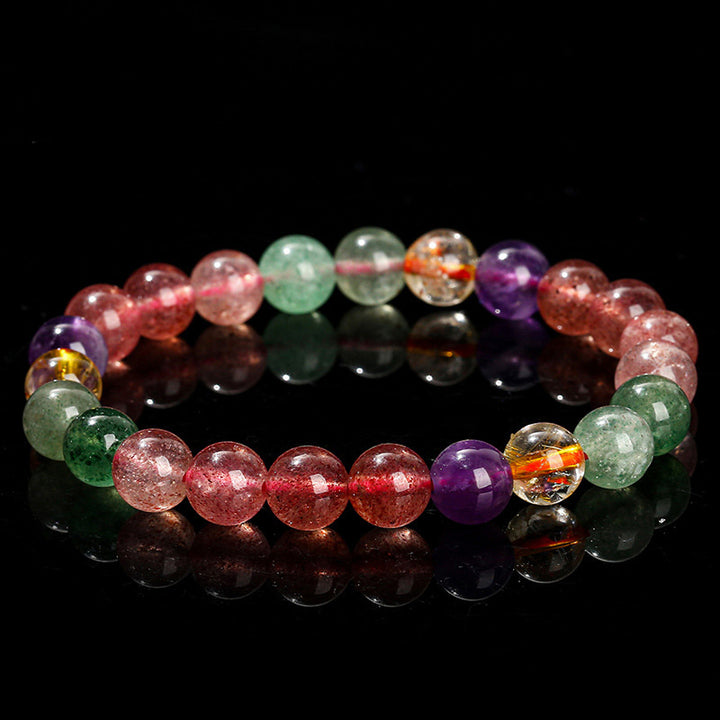 Buddha Stones天然マルチカラー ストロベリークォーツ ラブヒーリング ビーズブレスレット