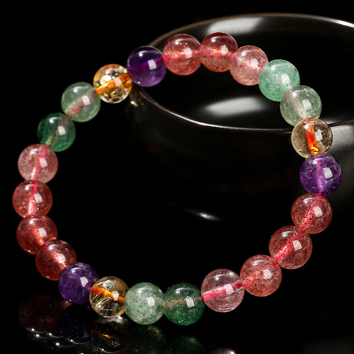 Buddha Stones天然マルチカラー ストロベリークォーツ ラブヒーリング ビーズブレスレット