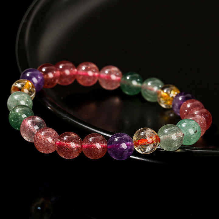 Buddha Stones天然マルチカラー ストロベリークォーツ ラブヒーリング ビーズブレスレット