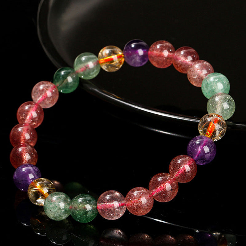Buddha Stones天然マルチカラー ストロベリークォーツ ラブヒーリング ビーズブレスレット