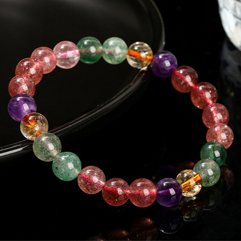 Buddha Stones天然マルチカラー ストロベリークォーツ ラブヒーリング ビーズブレスレット