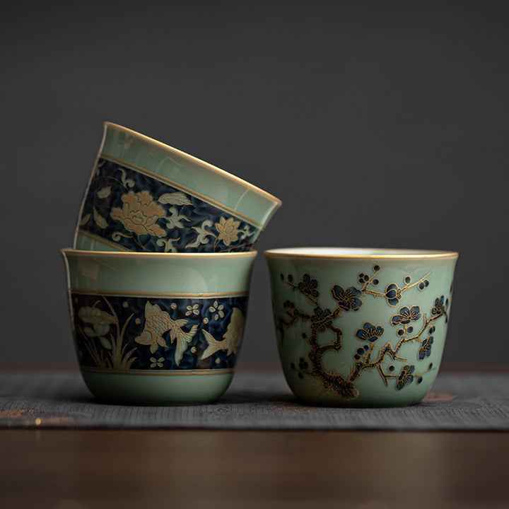 Buddha Stones蝶 花 蓮 鯉 梅 陶器 ティーカップ カンフー ティーカップ 100ml