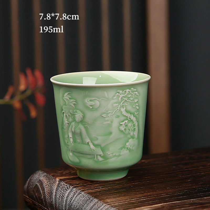 Buddha Stones、樹木、パビリオン、山、川、松、陶器のティーカップ、カンフーティーカップ
