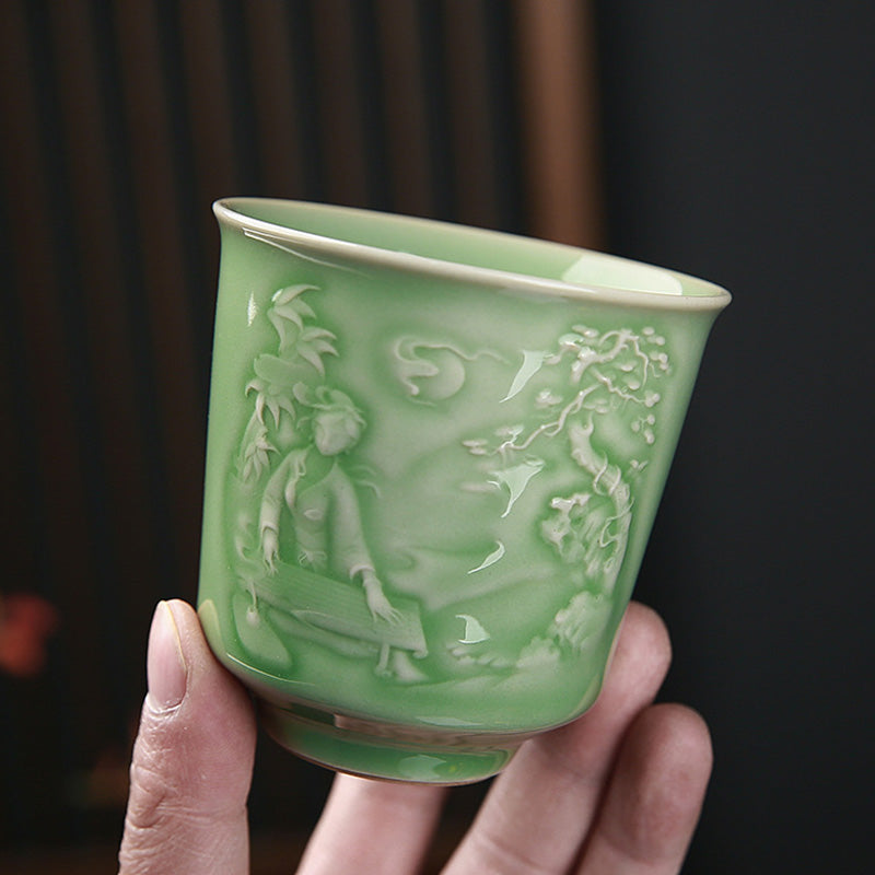 Buddha Stones、樹木、パビリオン、山、川、松、陶器のティーカップ、カンフーティーカップ