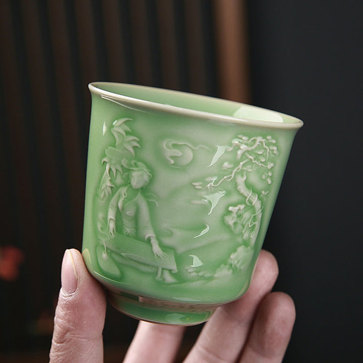 Buddha Stones、樹木、パビリオン、山、川、松、陶器のティーカップ、カンフーティーカップ