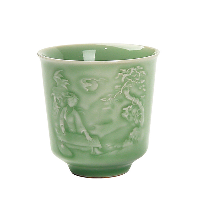 Buddha Stones、樹木、パビリオン、山、川、松、陶器のティーカップ、カンフーティーカップ