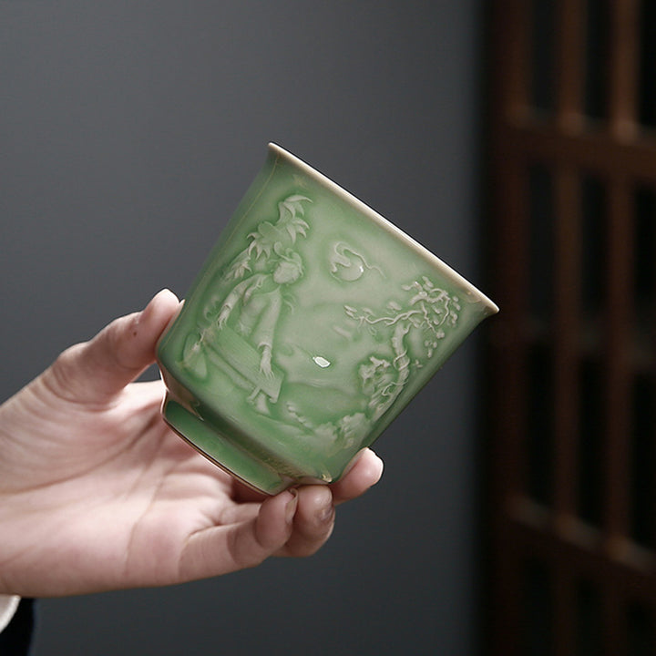 Buddha Stones、樹木、パビリオン、山、川、松、陶器のティーカップ、カンフーティーカップ