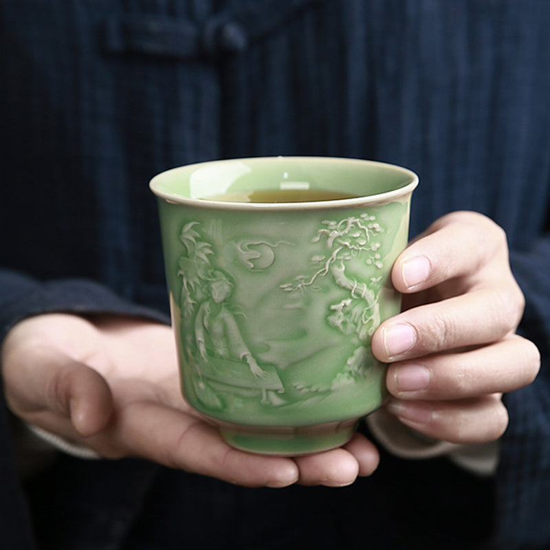 Buddha Stones、樹木、パビリオン、山、川、松、陶器のティーカップ、カンフーティーカップ