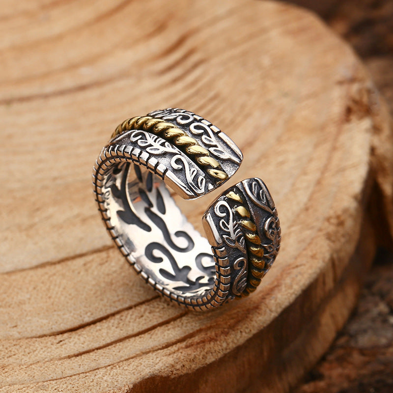 Buddha Stones925スターリングシルバー唐代花デザイン幸運調節可能リング